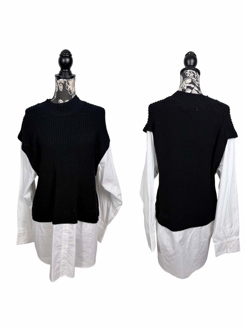 Calvin Klein black sweater high neck layered white oxford tunic top size XL